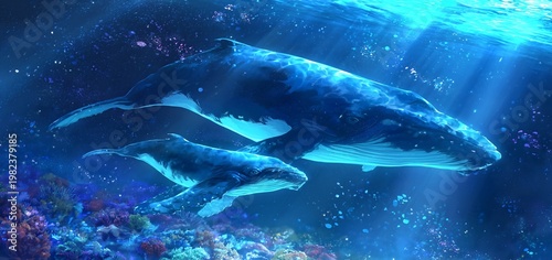 Whales in the Blue: Two humpback whales glide through the depths of the ocean, their massive forms illuminated by the ethereal blue of the underwater world. A scene of serenity and natural beauty. 