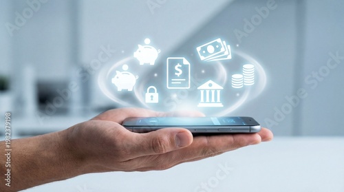 Hand holding smartphone with digital finance and investment hologram icons over modern office background
