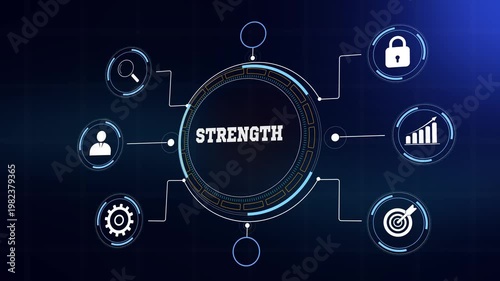 Professional business strength concept with futuristic digital interface, glowing corporate icons and abstract data network for strategic leadership visualization