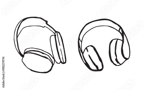 Hand drawn wireless over-ear headphones set, two angles sketch illustration. Headphones doodle, bold black outline on white. Music, podcast and audio concept for branding design.