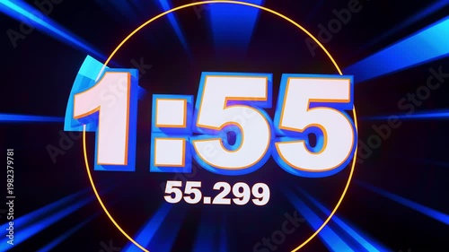1 minute seconds countdown timer in white, blue and orange color and energy animation with light rays and glow. 