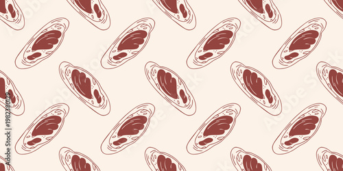 Baguette bread slices with chocolate spread or jam seamless pattern, brown outline doodle flat retro style. Minimalist hand drawn vector for bakery breakfast menu, isolated on beige background.