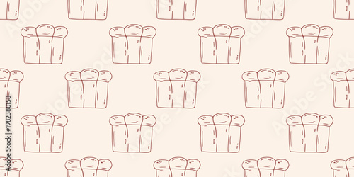 Brioche bread loaf seamless pattern, brown outline doodle flat retro style. Minimalist hand drawn vector for bakery cafe wallpaper, wrapping paper, packaging, menu design, isolated on beige background