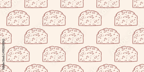 Sliced artisan bread seamless pattern with porous texture, brown outline doodle flat retro style. Minimalist hand drawn vector bakery packaging or cafe textile, isolated on beige background.