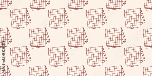 Checkered kitchen towels seamless pattern, brown outline doodle flat retro style. Minimalist hand drawn vector illustration for cleaning concept, home textile, menu decor, isolated on beige background