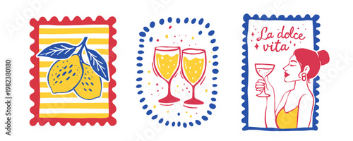 La dolce vita summer poster set italy amalfi lemons wine cocktail woman retro mediterranean travel illustration vector vintage stamp style