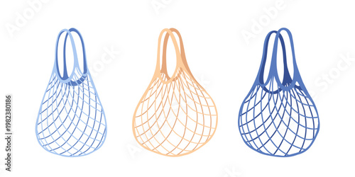 Reusable mesh produce bags set of three eco friendly grocery shopping net bags colorful illustration isolated on white minimal composition sustainable lifestyle concept