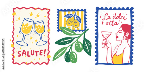 Italian vintage wine toast illustration set la dolce vita salute amalfi lemons olive branch mediterranean retro travel poster vector summer design