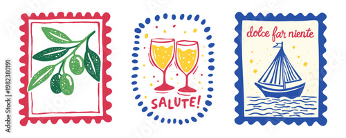 Italian decorative poster set mediterranean stamp style postcards olive branch wine glasses sailboat retro illustration vector summer travel wall decor