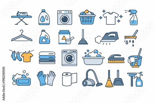Laundry and Cleaning Line Icons Set. Flat Vector Illustration Featuring Washing Machine, Iron, Detergent, Laundry Basket, Vacuum Cleaner, Broom, Mop, and Bucket for Household Chores and Services.