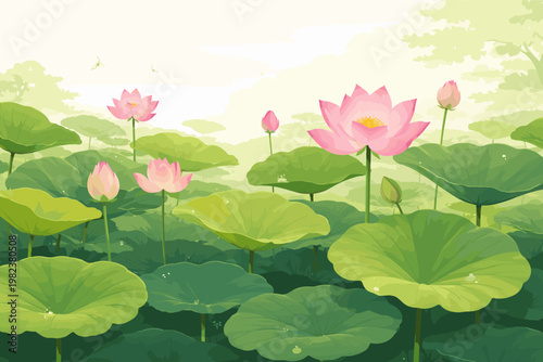 Serene vector illustration of a blooming lotus pond featuring vibrant pink flowers and large lush green leaves against a soft light background, ideal for nature-inspired botanical designs.