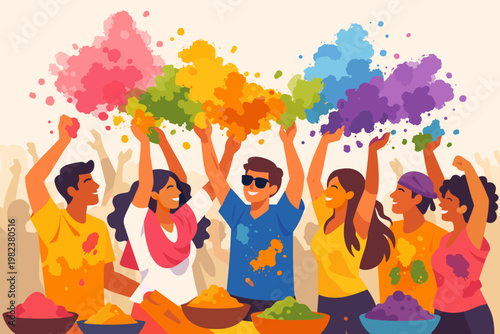 Happy Diverse People Celebrating Holi Festival of Colors with Vibrant Powder Clouds, Simple Flat Vector Illustration of Joyful Friends Throwing Gulal in Air for Spring Celebration and Party.