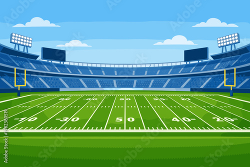 Wide Angle Vector Illustration of an American Football Stadium with Green Grass Field, Yard Line Markings, Goal Posts, and Empty Bleachers under a Sunny Blue Sky for Sports Background Design.