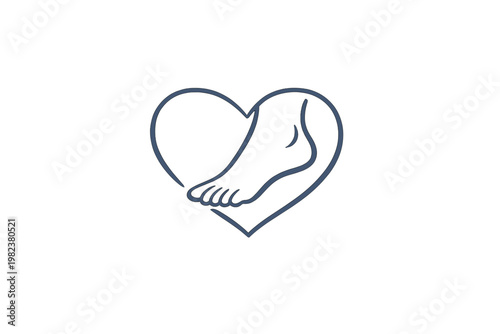 Podiatry Healthcare Logo Design Featuring a Minimalist Human Foot Inside a Heart Shape, Elegant Line Art Icon for Foot Care Clinic, Orthopedic Wellness Center, and Medical Pedicure Services.