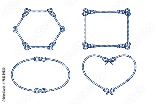 Nautical Rope Frame and Border Set with Marine Knots. Hexagon, Square, Oval, and Heart Shapes in Sailor Theme. Vintage Hand-Drawn Navy Blue Illustration Isolated on White Background for Design.