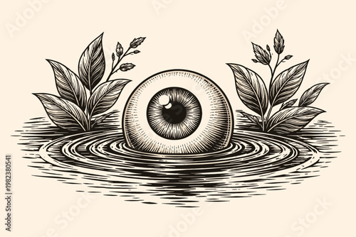Surreal Vintage Engraving Illustration of a Large Eyeball Floating in Rippling Water Surrounded by Botanical Plant Leaves, Mystical and Symbolic Woodcut Style Vector Art for Creative Design