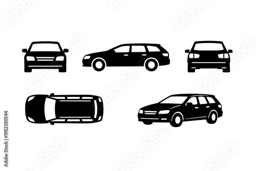 Collection of black station wagon car icons and silhouettes featuring multiple views: front, side profile, rear, top down, and perspective. Minimalist vector graphics for automotive design.