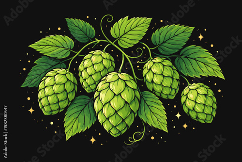 Vibrant Vector Illustration of Green Hop Cones and Serrated Leaves on a Black Background, Ideal for Craft Beer Branding, Brewery Labels, and Botanical Design Projects with Humulus Lupulus.