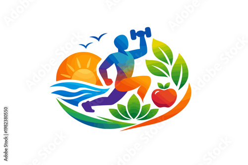 Vibrant gradient logo design showcasing a stylized human figure embracing fitness, nature, and holistic wellness through exercise, healthy nutrition, and a deep connection with the environment.