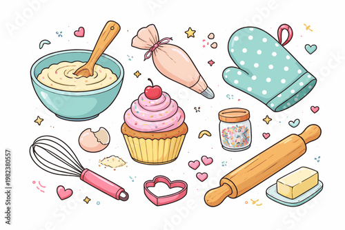 Whimsical Kids Doodle Baking Set Illustration with Pink Frosted Cupcake, Piping Bag, Whisk, Mixing Bowl, Rolling Pin, Oven Mitt, Sprinkles, Butter, and Heart Cookie Cutter on White Background