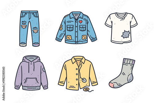 Vector Illustration Set of Worn and Damaged Clothing Icons Including Ripped Denim Jeans, Patched Jacket, Torn White T-Shirt, Stained Hoodie, Shirt with Missing Button, and Old Sock with Holes.