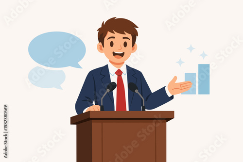 Young Caucasian male cartoon character in a formal suit and red tie giving a speech at a wooden podium with microphones, presenting data with a bar chart and speech bubbles, flat vector style.