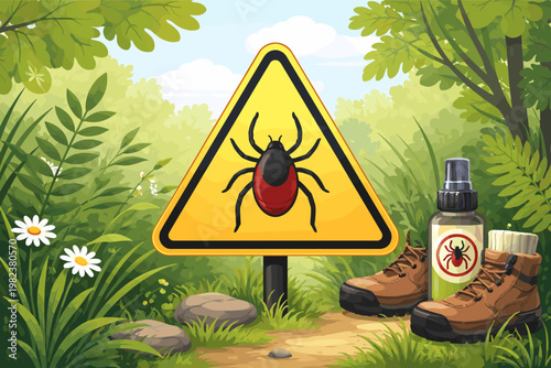 Tick warning sign in a forest with hiking boots and repellent spray, illustrating Lyme disease prevention, encephalitis risk, and safety precautions for outdoor activities and nature trails.