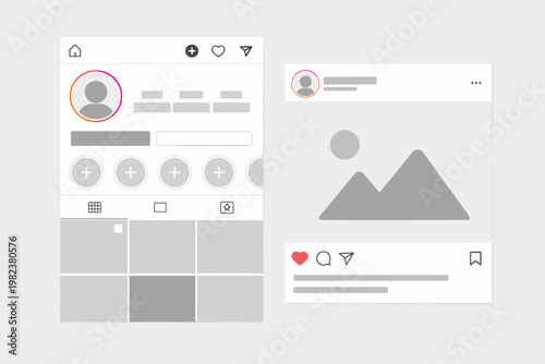 Social Media Interface Mockup Featuring Instagram Profile Page and Feed Post Layout. Vector Template with UI Elements, Icons, and Placeholder for Photos. Minimalist Design for Online Marketing.