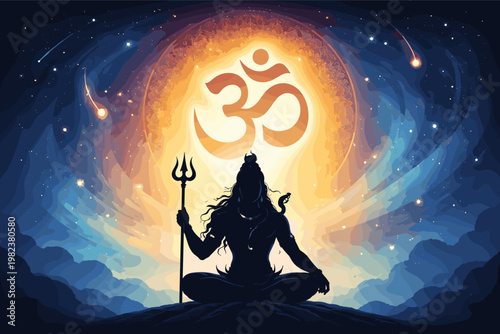 Artistic Maha Shivratri Poster Featuring Lord Shiva Silhouette Meditating on Mount Kailash with Glowing Om Symbol in a Cosmic Celestial Universe Background, Yoga and Spiritual Hindu Illustration