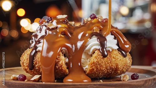 Slow motion close-up of chocolate profiterole drizzled with caramel and whipped cream dessert video footage