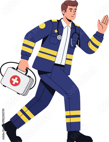 An emergency responder in uniform holding a first aid kit