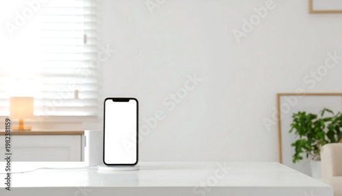 Smartphone on a white table indoors.