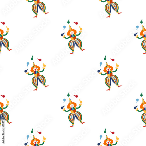 Seamless pattern with CIRCUS theme. Clowns, strongmen, lions, magic hat, hare in hat, holiday balloons tents. Circus characters. Cartoon flat style