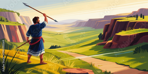 Biblical David with Spear Overlooking Valley Landscape at Sunrise, Heroic Old Testament Illustration in Painted Style