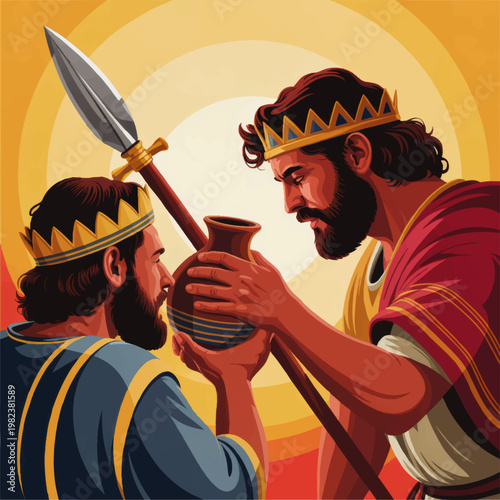 Biblical King Anointing Young Warrior with Oil and Spear, Ancient Crown Ceremony Illustration in Warm Golden Light