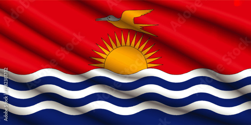 Waving Kiribati Flag Illustration with Frigatebird, Golden Sun and Blue Ocean Waves, Patriotic National Symbol Background