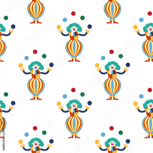 Seamless pattern with CIRCUS theme. Clowns, strongmen, lions, magic hat, hare in hat, holiday balloons tents. Circus characters. Cartoon flat style