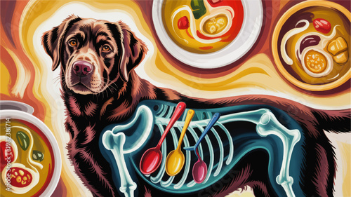 Colorful veterinary anatomy illustration of Labrador dog with x ray ribs and digestive foods, modern medical art poster