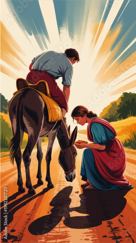 Good Samaritan Illustration on Rural Road with Donkey, Compassionate Woman Sharing Food, Biblical Charity Scene at Sunrise
