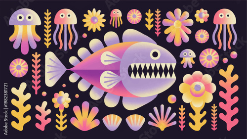 Whimsical pastel deep sea illustration with cartoon angler fish, jellyfish, coral, shells and floral ocean elements