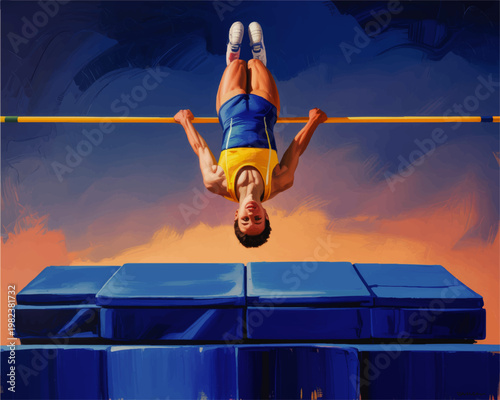 Dynamic High Jump Athlete Clearing Bar Above Blue Landing Mat at Sunset, Digital Painting of Track and Field Sports Action
