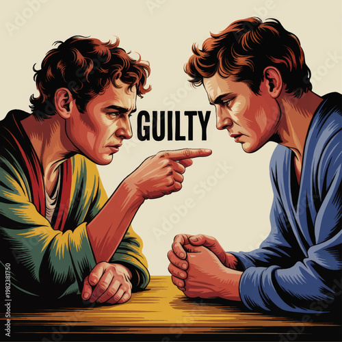 Accusation and guilt concept illustration with two tense men in confrontation, pointing finger, blame, judgment, and conflict