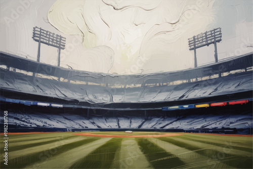 Digital painting of empty baseball stadium interior with dramatic cloudy sky, green field, grandstands and floodlights