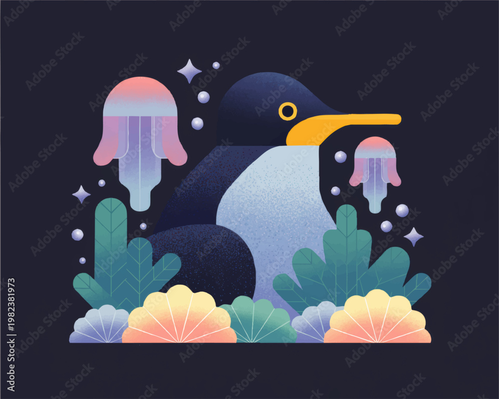 Obraz premium Whimsical toucan in dreamy tropical night garden with jellyfish, stars, coral plants and pastel ocean inspired illustration
