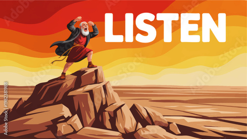Listen Illustration of Biblical Prophet Preaching in Desert Landscape with Rock, Dramatic Sunset Sky and Bold Typography