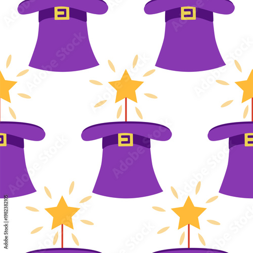 Seamless pattern with CIRCUS theme. magic hat, hare in hat, holiday balloons tents. Cartoon flat style