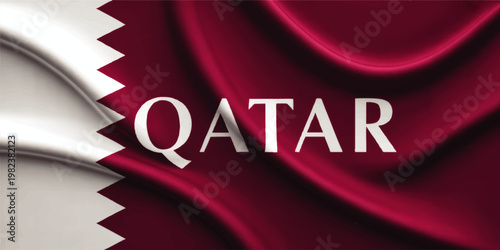 Waving Qatar Flag with Bold National Text, Maroon and White Fabric Background for Middle East Travel, Culture, Event Design