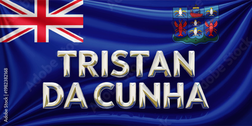 Tristan da Cunha flag waving blue maritime banner with national emblem and bold island territory name lettering