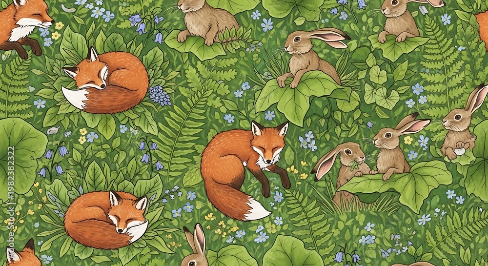 Naklejka premium Repeating pattern shows stylized foxes, hares, and vibrant greenery with floral accents