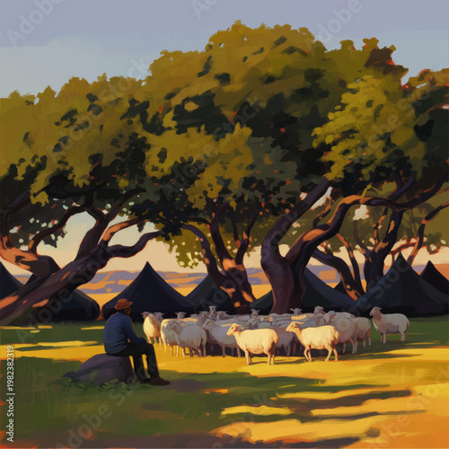 Peaceful pastoral camp scene with shepherd and sheep under giant trees at sunset, painterly landscape illustration